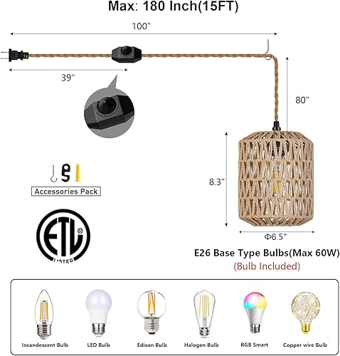 Miniatura 2 de Lámpara colgante enchufable con bombilla LED de 6 W, luz cálida (3000 K), interruptor regulable, lindo cable de lámpara colgante de ratán de 15