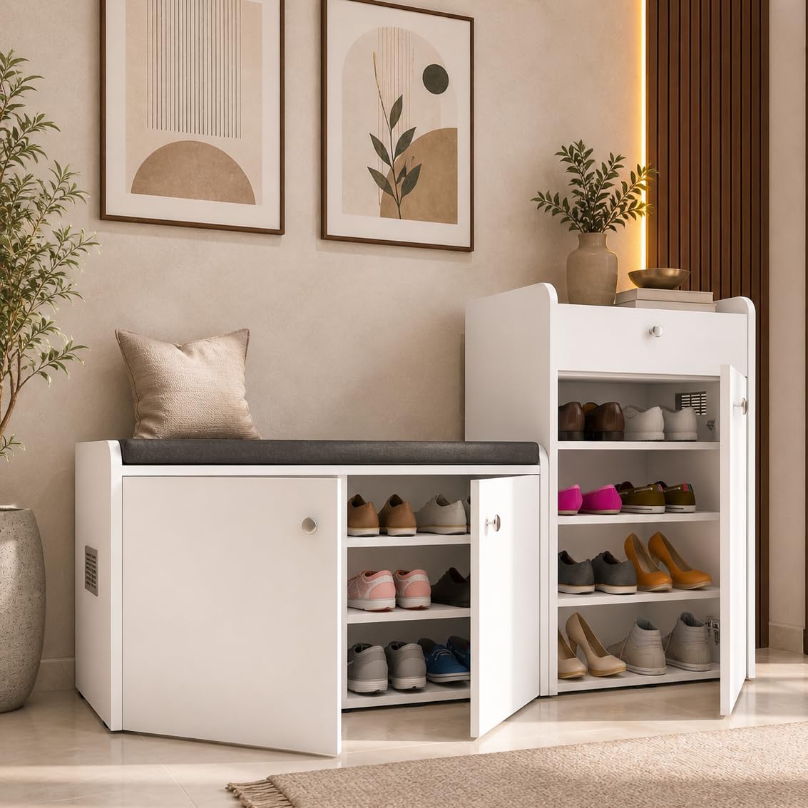 Studio Kook Chelsea 20-Pair Shoe Rack with Cushioned Seat, Moonshine White | Engineered wood shoe cabinet with ventilated shelves, cushioned bench and storage drawer. Holds up to 20 pairs; 146.8 cm wide