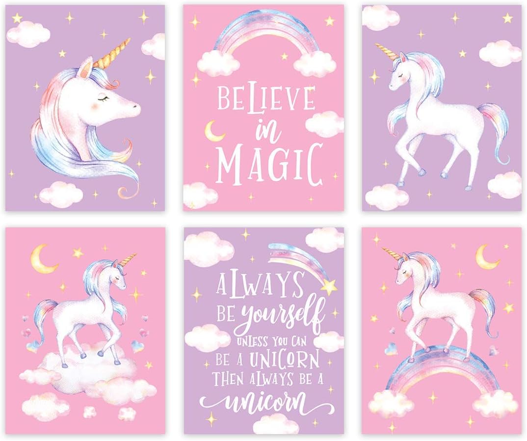 Andaz Press Unicorn Theme Nursery Girls Kids Room Unframed Hanging Wall Art Poster Home Decor, 8.5x11-inch, Pink Lavender Purple, Believe in Magic, Always Be Yourself, 6-Pack, No Frames