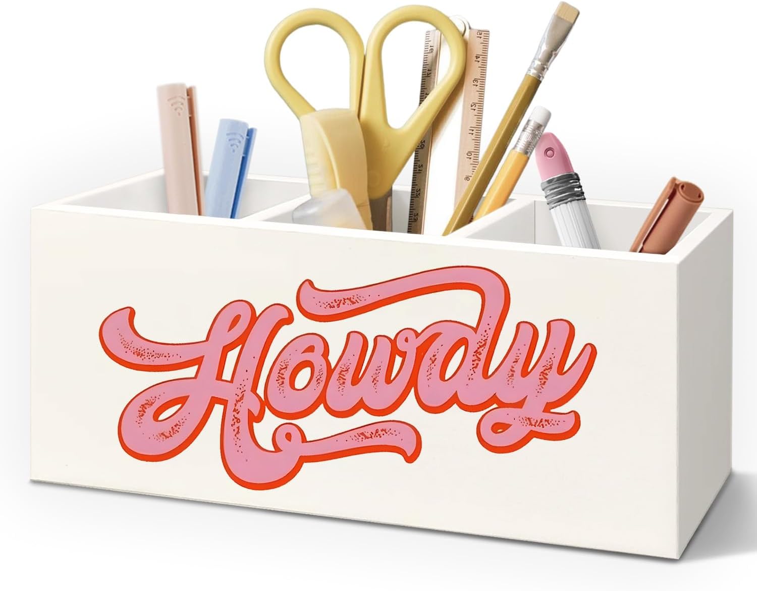 Pink Western Howdy – Portalápices de madera para accesorios de escritorio, decoración de oficina occidental, regalos de vaquera para mujeres,