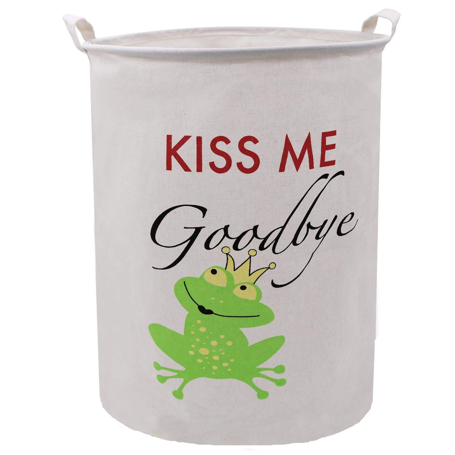 ZUEXT 19.7x15.7 Inch Large Linen Canvas Folding Laundry Basket, Laundry Storage Basket Hamper with Handles, Waterproof Gift Basket for Baby Nursery, College Dorms, Kids Bedroom(Kiss Me Goodbye Frog)