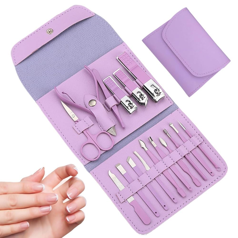 Maniküre-Set für Damen, Nagelpflege-Set, professionelles Maniküre-Set, Nagelschneide-Set aus Edelstahl for Männer und Frauen, Nagelknipser-Set mit Lederetui als Reisegeschenk (16 Stück)(Purple)