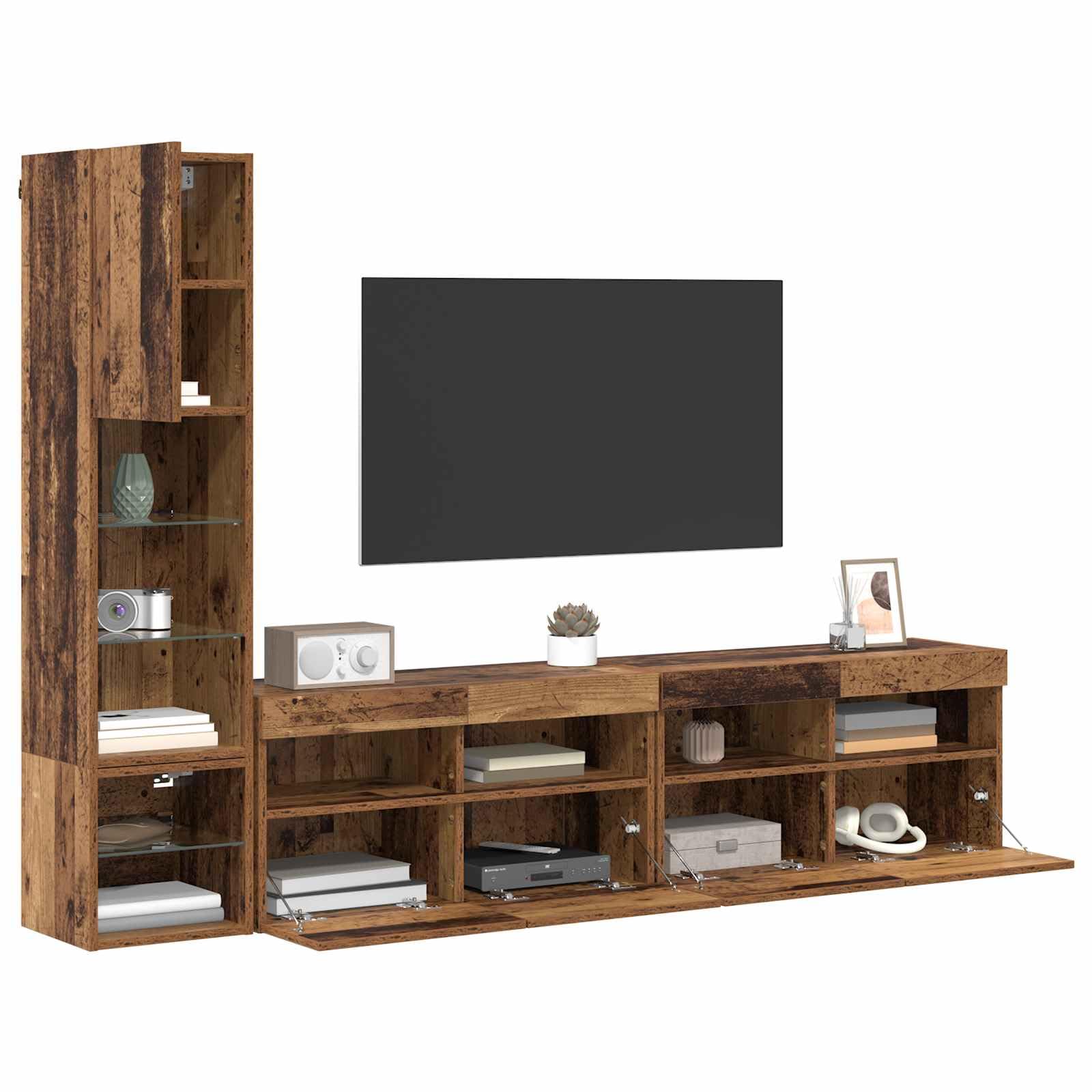 TV Wandmöbel aus Altholz Holzwerkstoff, Lowboard mit 15 Regalen, 5 Türen, Wandmontage für Wohnzimmer, Heimkino, Gaming Ecke, platzsparend mit LED und Stauraum
