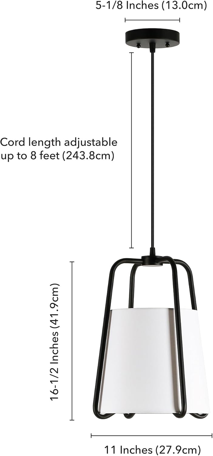Henn&Hart 11" Mid-Century Modern Pendant Light Fixture with White Fabric Drum Shade and 8' Adjustable Cord for Kitchen Island, Dining Room or Game Room, Black