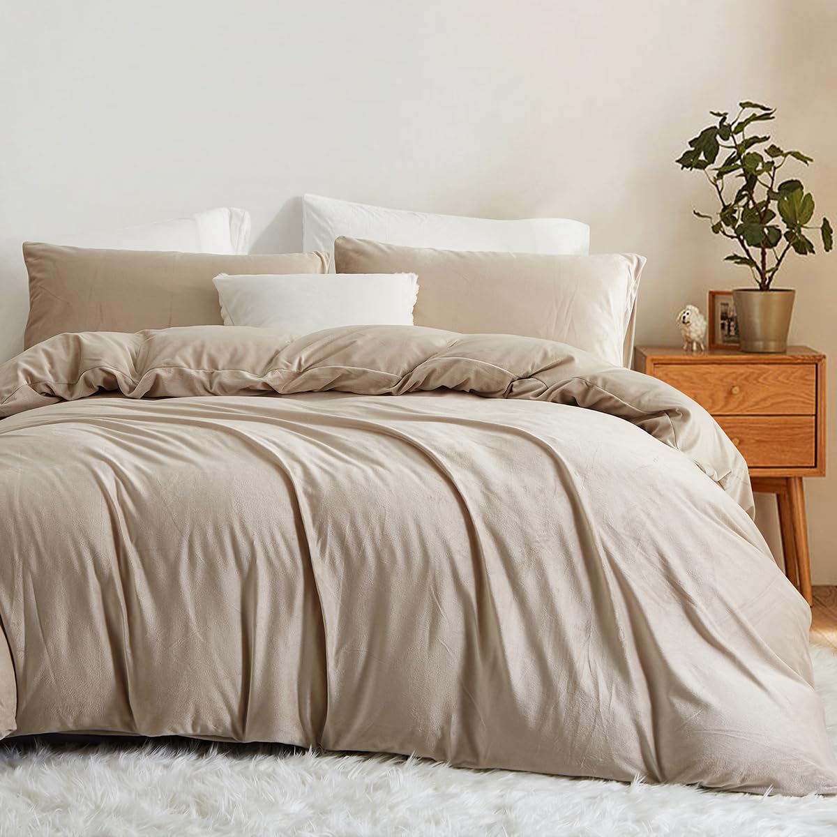 Lanqinglv Ropa de Cama de Franela de Forro Polar, 135 x 200 cm, Color Caqui, Copos de Avena, Felpa, mullida, Ropa de Cama de Invierno, cálida Funda nórdica con Cremallera y Funda de Almohada de 80 x