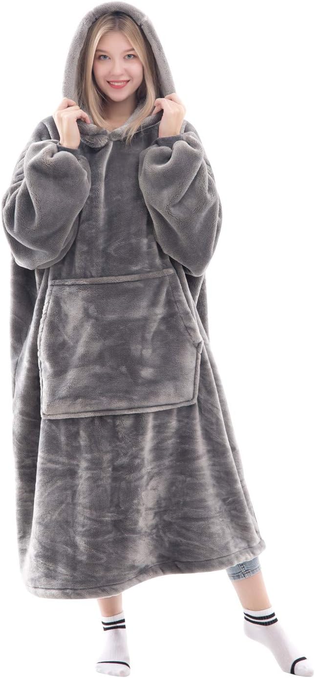 Waitu Wearable Blanket Sweatshirt for Women and Men, Super Warm and Cozy Big Blanket Hoodie, Thick Flannel Blanket with Sleeves and Giant Pocket - Gray