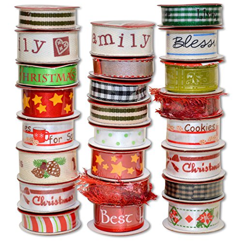 Morex Ribbon 900/24-1211 Bobbin Christmas Variety Pack Grosgrain and Satin Ribbon, 5/8-Inch by 3-Feet and 3/8-Inch by 4-Feet, Assorted