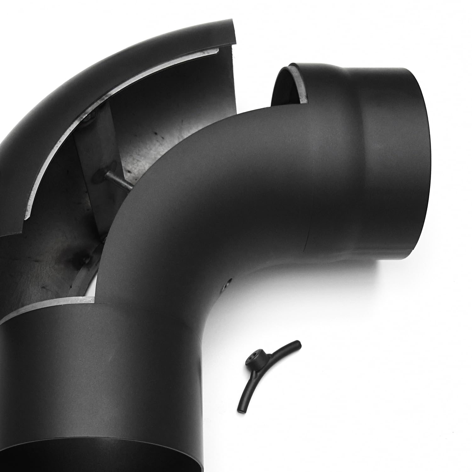 Raik Rauchrohrbogen Ofenrohr 150 mm 90° einseitig gezogen mit integrierter Reinigungsöffnung Schwarz Stahl 2 mm Wandstärke temperaturbeständig bis 600 °C für Kamin und Ofenanschluss Made in EU