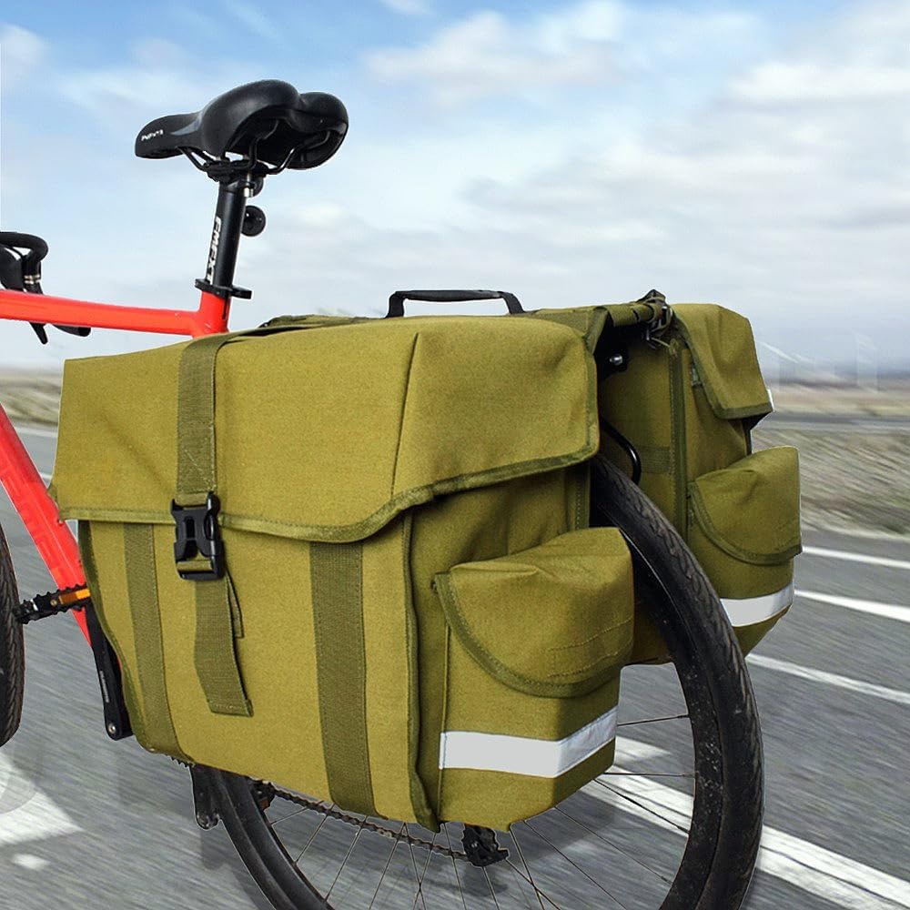 UNISTRENGH Bike Panniers Double Side Tail Bag Waterproof Canvas Bike Rear Rack Bag Large Capacity Cargo Saddle Rack Trunk Equipment Pack for Mountain Bike Riding Cycling (Military Green_43L)