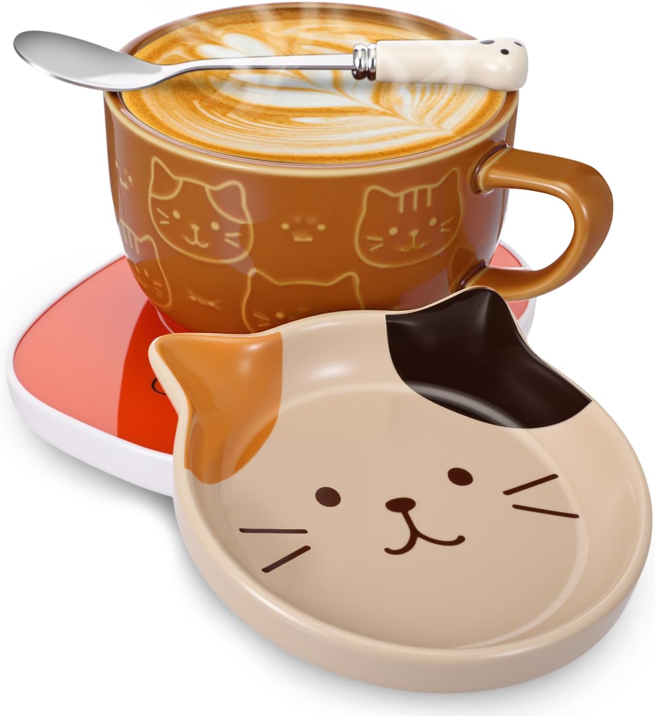 Brown Cat Coffee Mug Warmer Set Cute Mug 10oz with Lid Spoon Electric Coffee Cup Heater for Cat Lovers Winter Women Mom Grandma Teacher Home Office Valentine's Day Birthday Gift