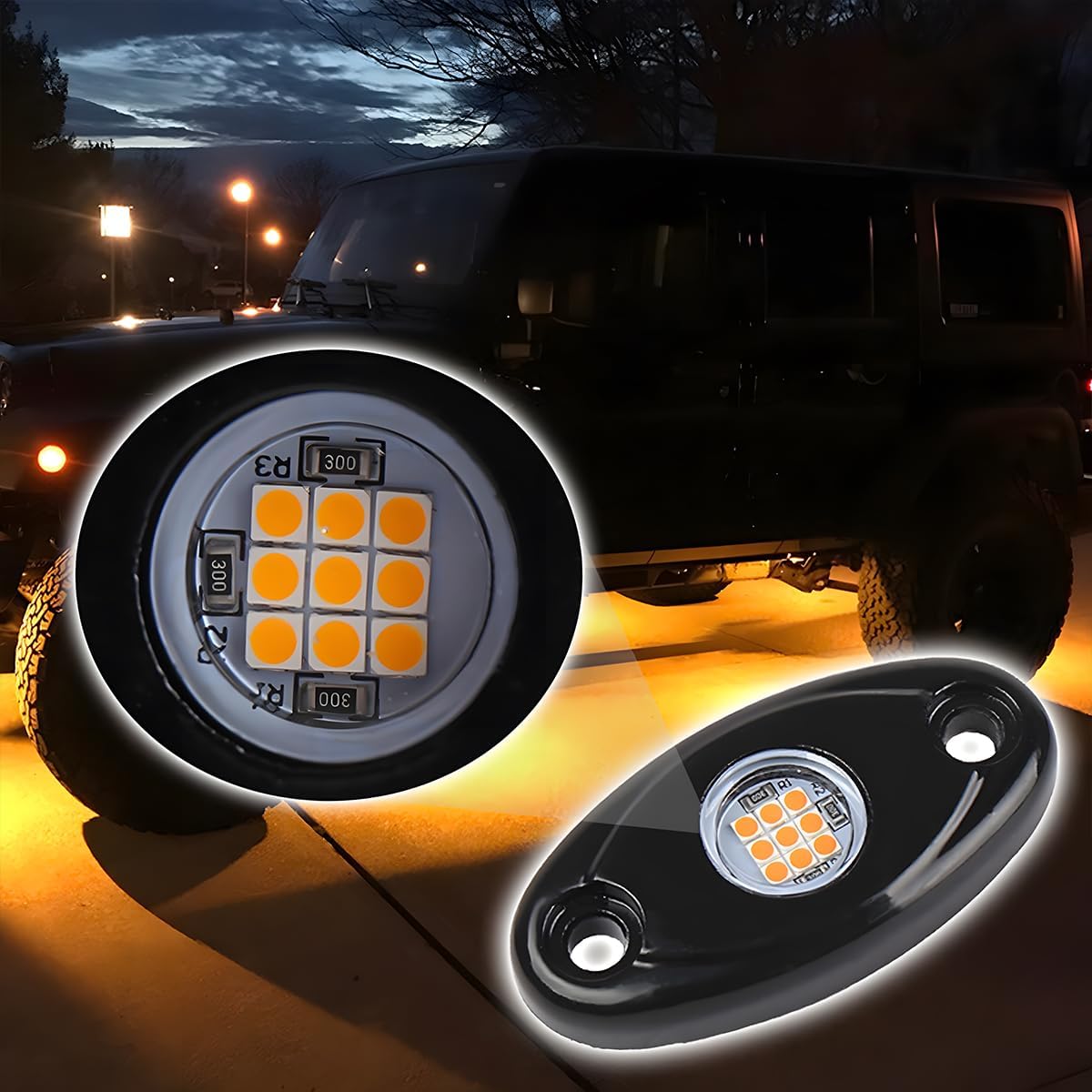 4PCS Car LED Rock Lights, High Brightness Waterproof Vehicle Underglow Fender Lights, Multifunction Auto Neon Trail Rig Lighting Accessories, Universal for Pickup ATV Off Road (Yellow)