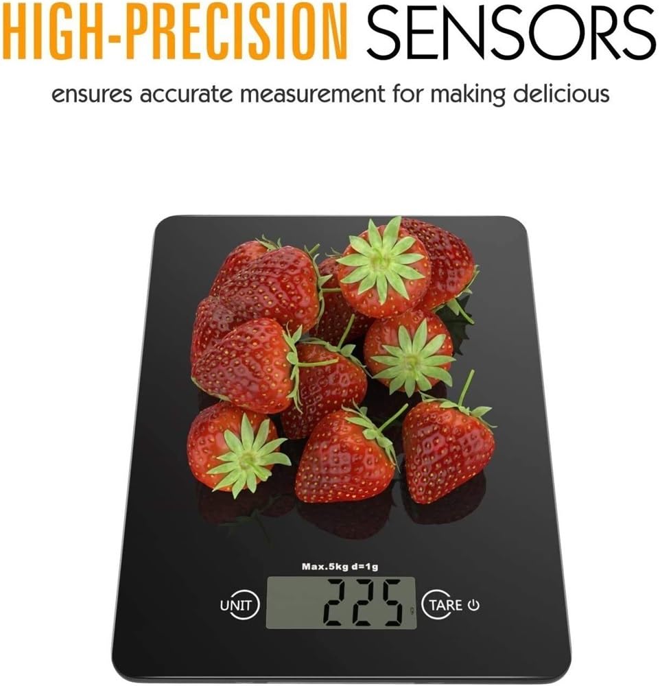 Digital Kitchen Scale Tempered Glass Food 11Lb 5Kg High Prec Electronic with LCD Display 4 Units and Tare Function
