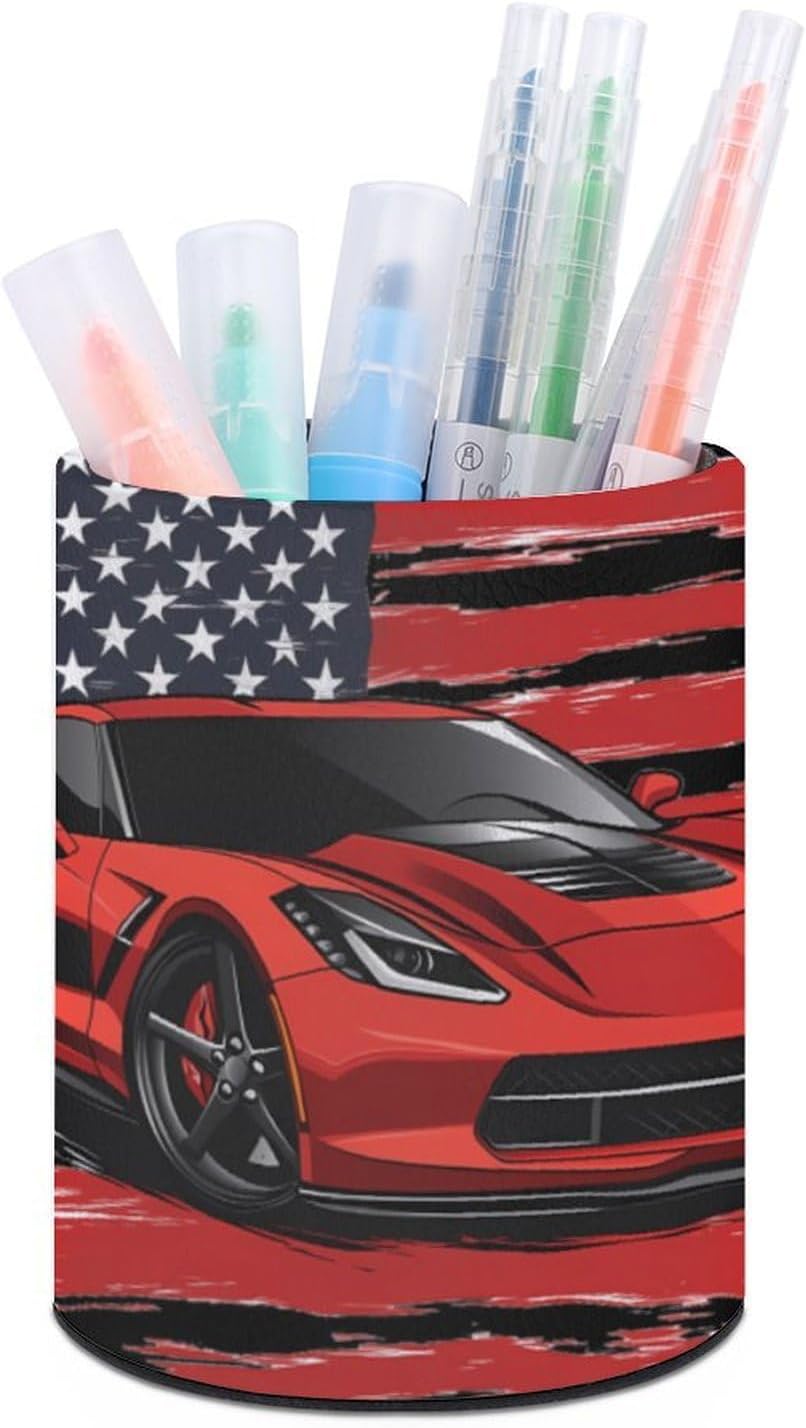 US Flag Sports Car Pencil Pen Holder Portable Storage Box Desk Organizer for Home Office