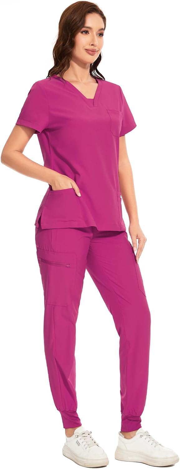 COZYFIT Scrubs for Women - V-Neck Top & Cargo Pants Scrubs Set 10 Pockets