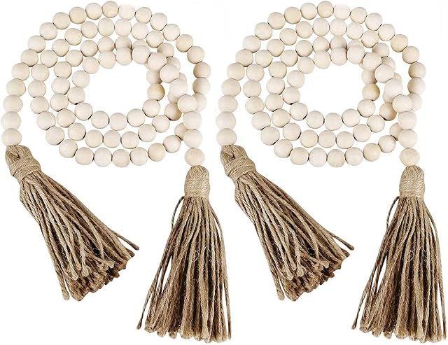 2 Packs Tassels Wood Bead Garland 57" Long Rustic Country Wooden Bead Decor Home Hanging Decoration Prayer Beads