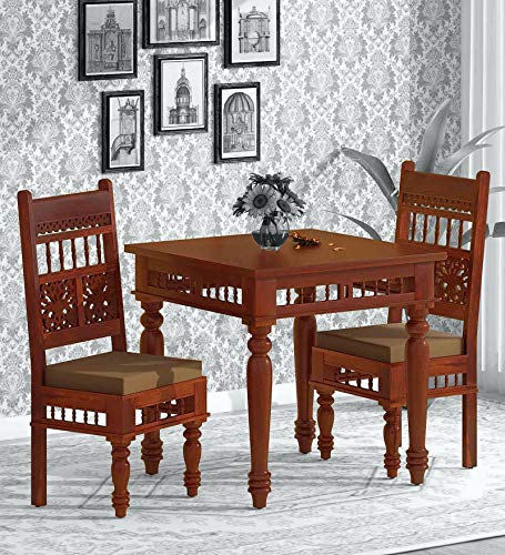 Image of Jangid Handicraft Solid Sheesham Wood Dining Table 2 Seater | Wooden Two Seater Dinning Table with 2 Chairs for Home | Chairs with Cushion | Dining Room Sets for Restaurants | Rosewood, Brown Finish