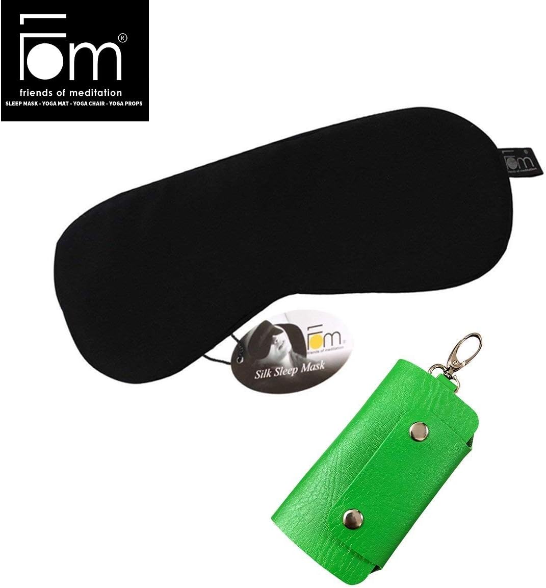 Friends of Meditation ® 100% Mulberry Silk, Super Smooth Sleep Mask And Blind Fold (Black) with Free Green PU Leather Key Chain Pouch