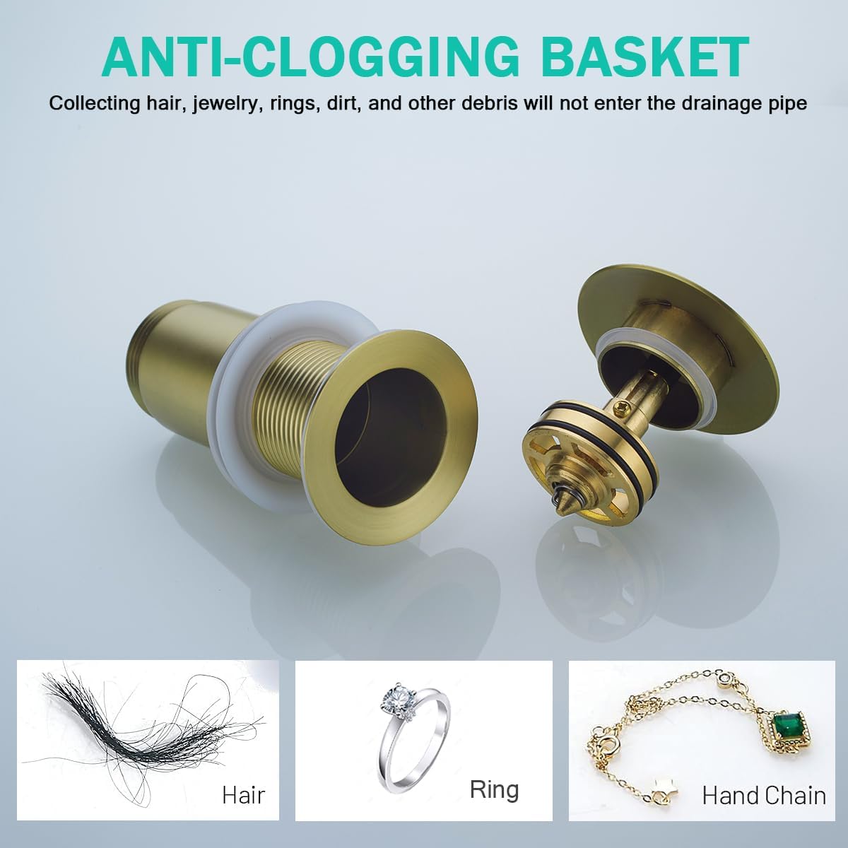 All Metal Bathroom Sink Drain,Pop-up Drain with Detachable Basket Stopper,Anti-Clogging Drain Strainer,Hair Catcher,for Vanity Vessel Sink Without Overflow,Brushed Gold,SE83997PB-BG