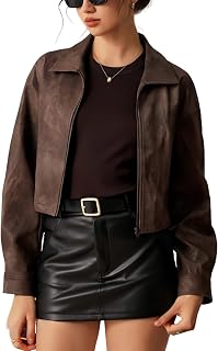 utcoco Women's Cropped Faux Leather Jacket Zip Up Collared Long Sleeve Short Vegan Leather Coat