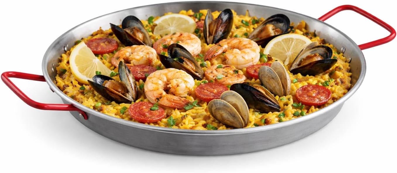 Carbon Steel Paella Pan, Silver Round with Dual Red Handles, Uncoated Dimpled Surface for 9-16 Guests, Hand Wash Only (Polished, 11")
