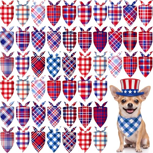 Abbylike 50 Pcs 4th of July Plaid Dog Bandanas Bulk Red White Blue Gingham Bandana for Dogs Triangle Kerchief Bib Scarf for Pet Independence Day 250th Anniversary Patriotic Party Costume, 25 Styles