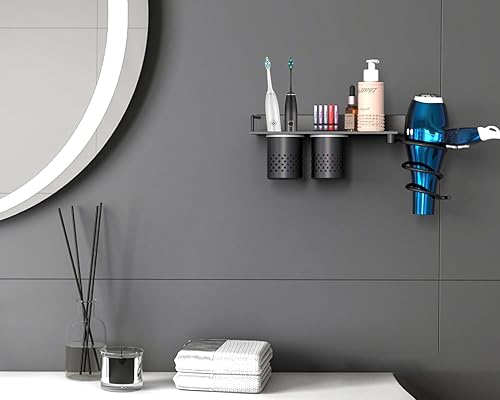 Miniatura 7 de MyLifeUNIT Soporte para secador de pelo, organizador de secadora de pelo montado en la pared con 2 tazas, estante de herramientas de peinado de baño