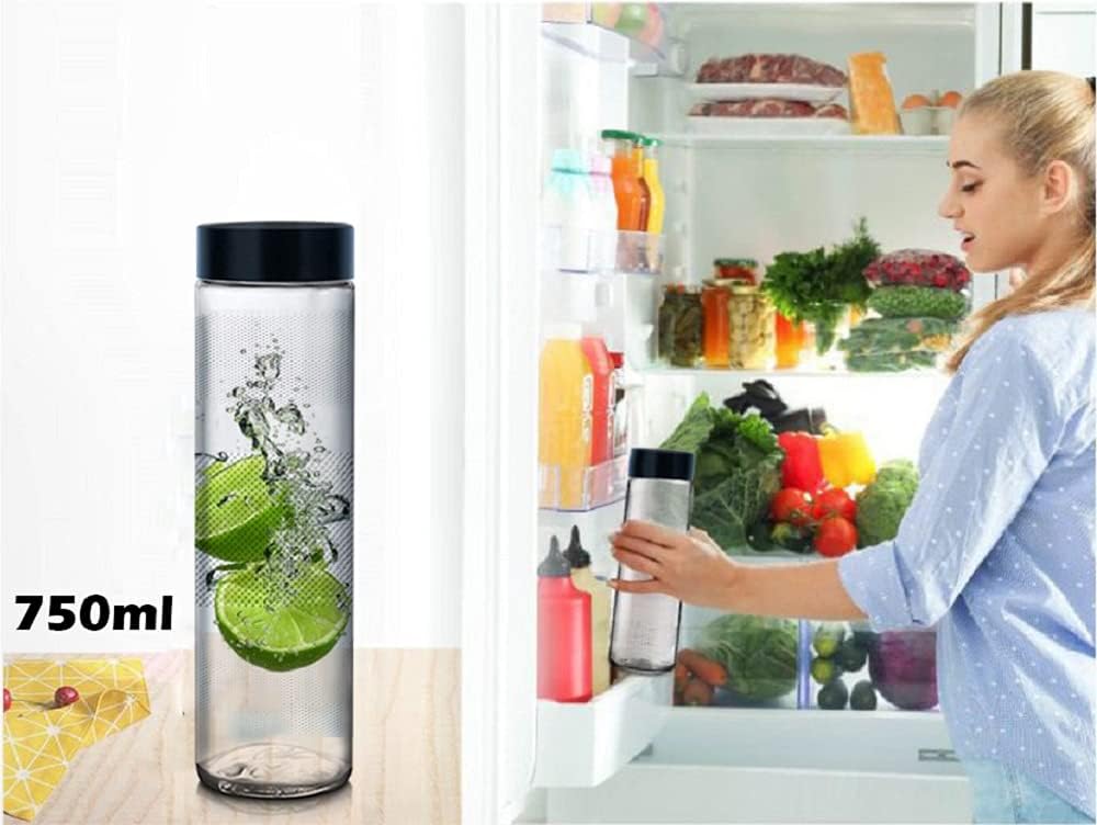 Glass Food Grade Airtight Water Bottle with Leak-Proof Black Color Plastic Lid - Water, Smoothie, Juicer and Beverage Gl - 750ml (Set of 4)