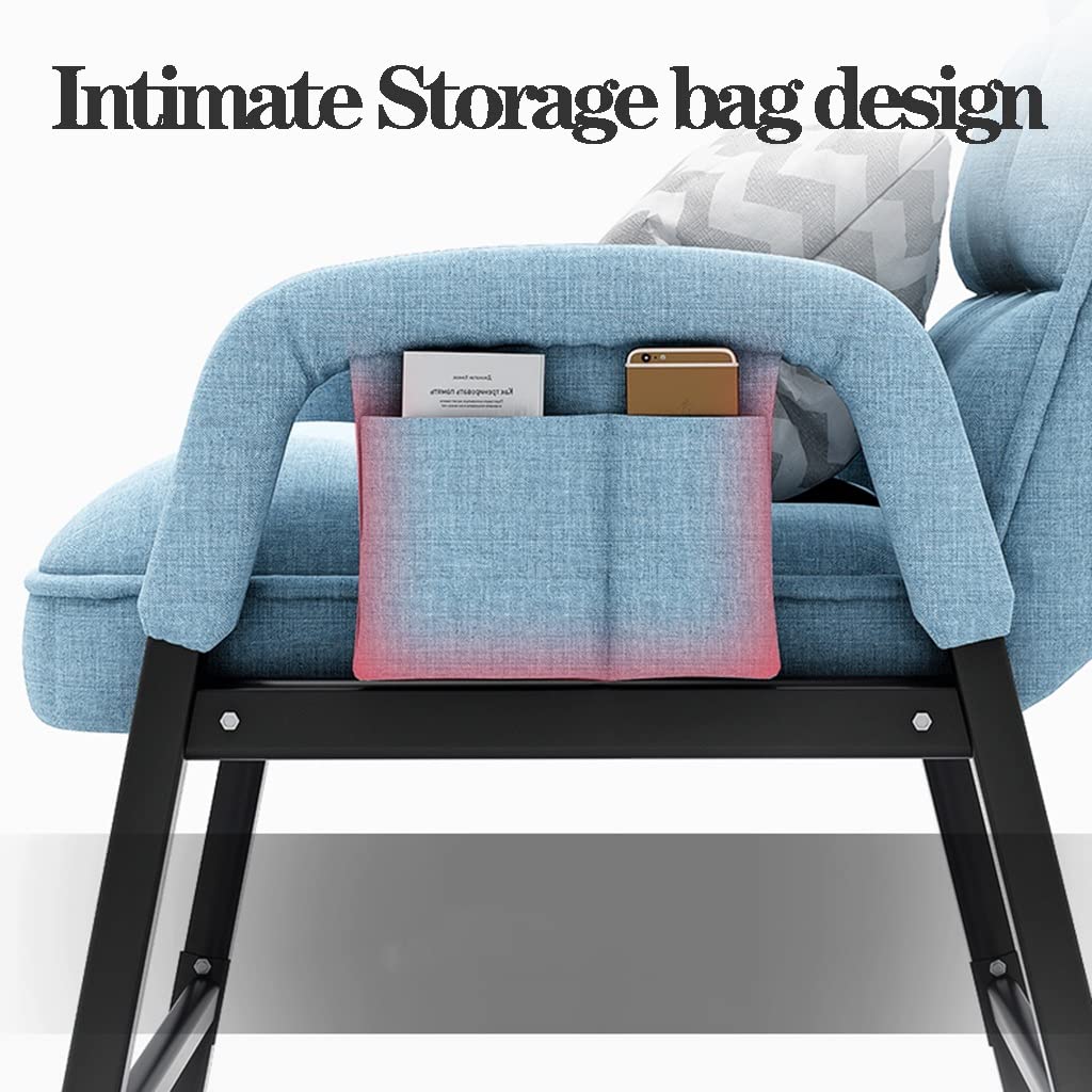 Poltrona imbottita in tessuto blu con tasche laterali, schienale alto e struttura in acciaio, ideale per piccoli spazi abitativi