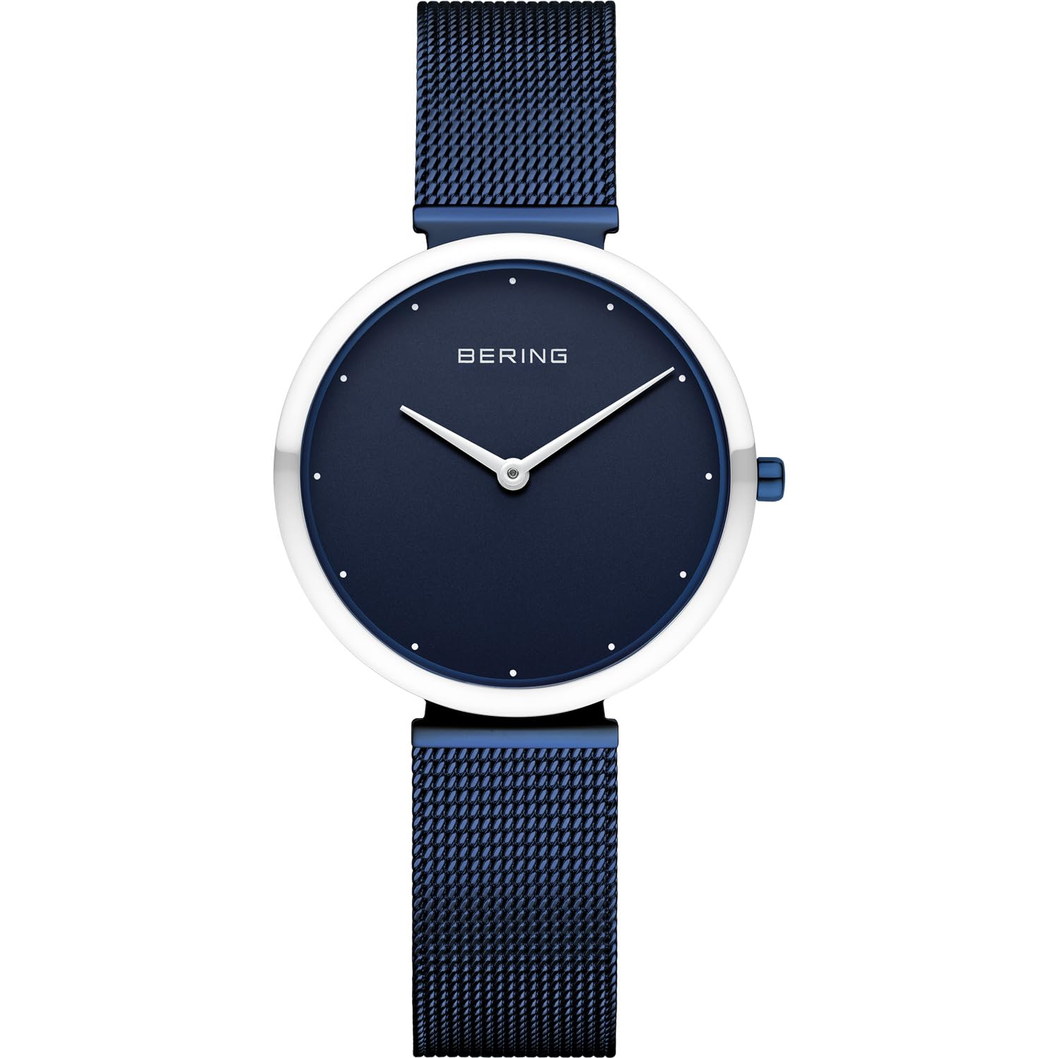 BERING Damen Quarz Uhr | Armbanduhr 32 mm blaues Edelstahlgehäuse und blaues Zifferblatt | Milanaisearmband | Saphierglas | 3 ATM | 18132-397