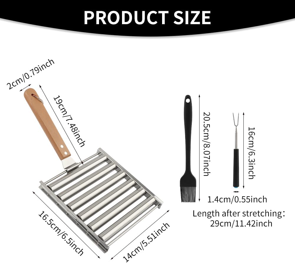 Hot Dog Roller Grill Rack – 5-Hot Dog Capacity, Heat-Resistant Wood Handle, Incl. Brush & Fork, for Outdoor Gatherings & Family BBQs – Quick Prep, Juicy Sausages, No Burnt Bites