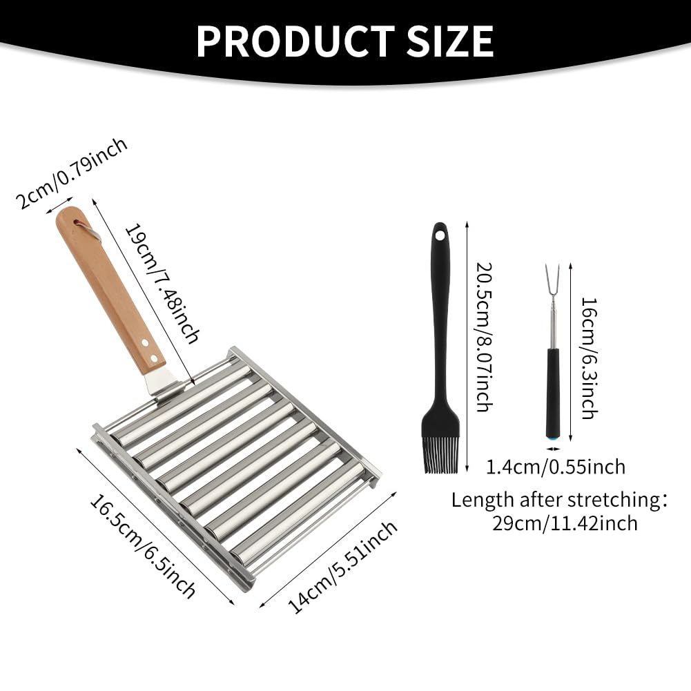 Hot Dog Roller, 5 Hot Dog Capacity, Stainless Steel Sausage Grill Rack with Long Wood Handle, Includes Silicone Basting Brush and BBQ Meat Fork, Perfect for Evenly Cooked Hot Dogs