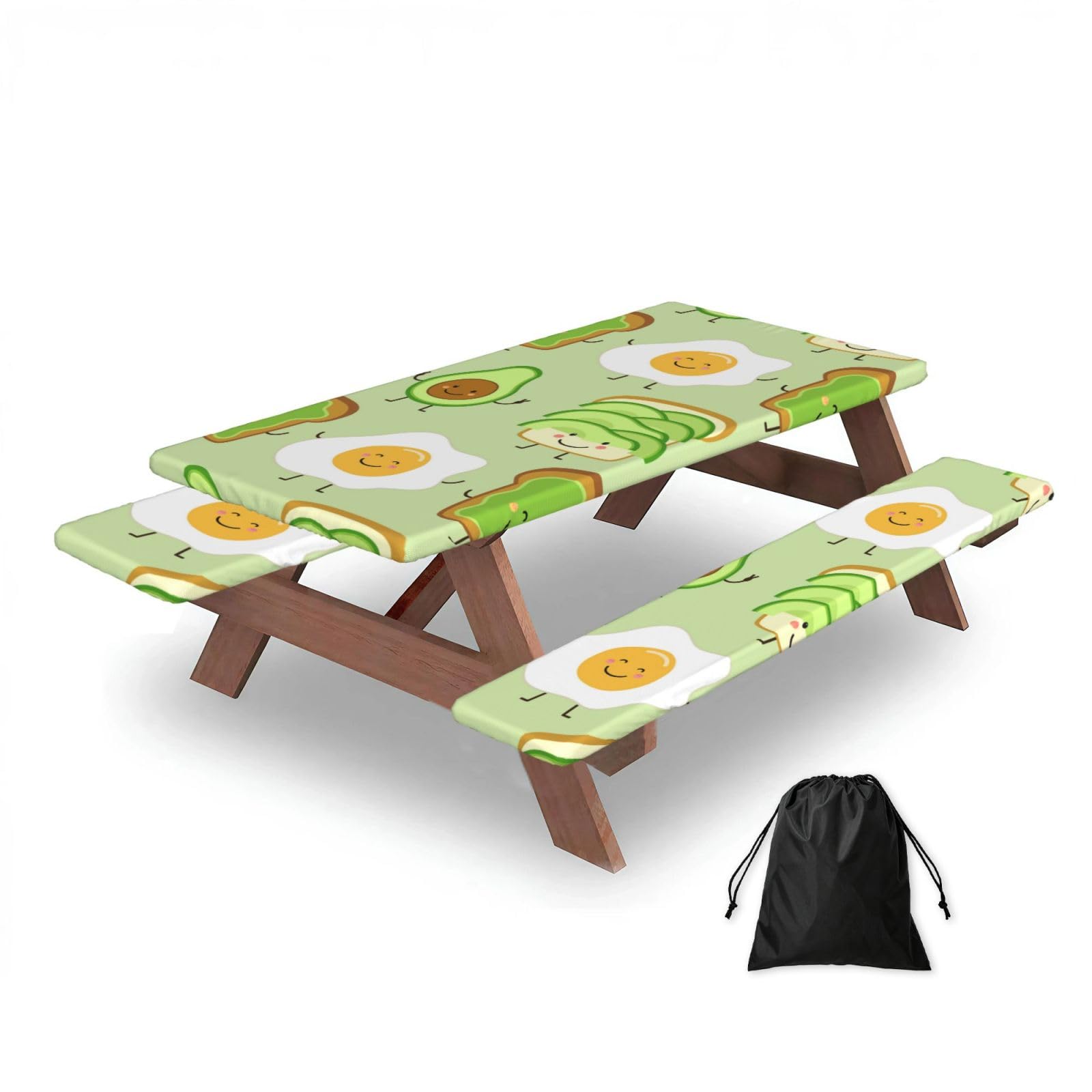 Dopklna As Picture Cute Avocado And Toast And Fied Egg, Picnic Table Cover With Bench Covers -Waterproof Elastic Fitted Tablecloth For Garden Camping Patio 76X152cm
