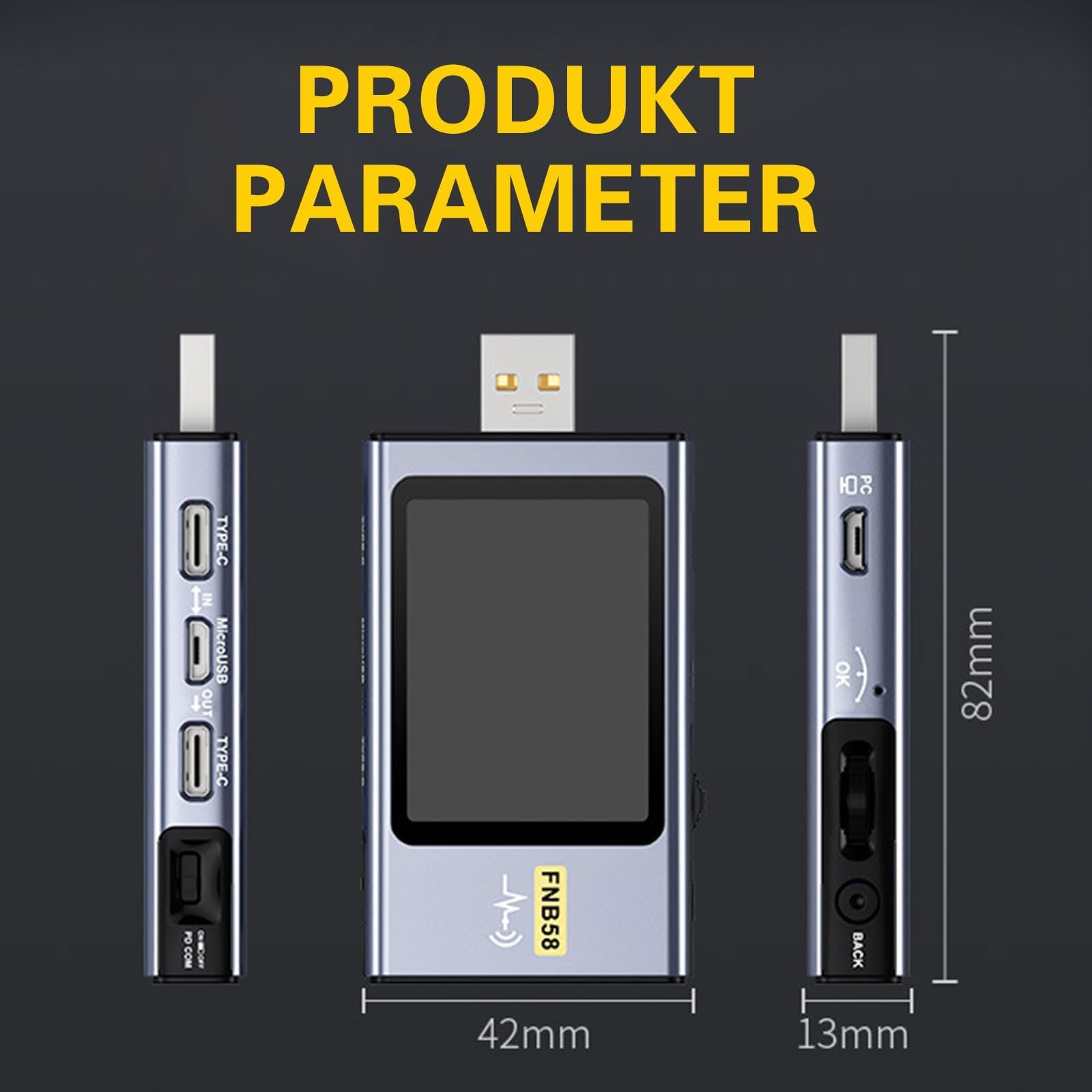 ARCELI FNB58 USB Tester, voltímetro Digital, amperímetro, capacitancia y medición de ondulación con Bluetooth, Disparador, detección de Carga rápida 4-28 V tensión de monitorización