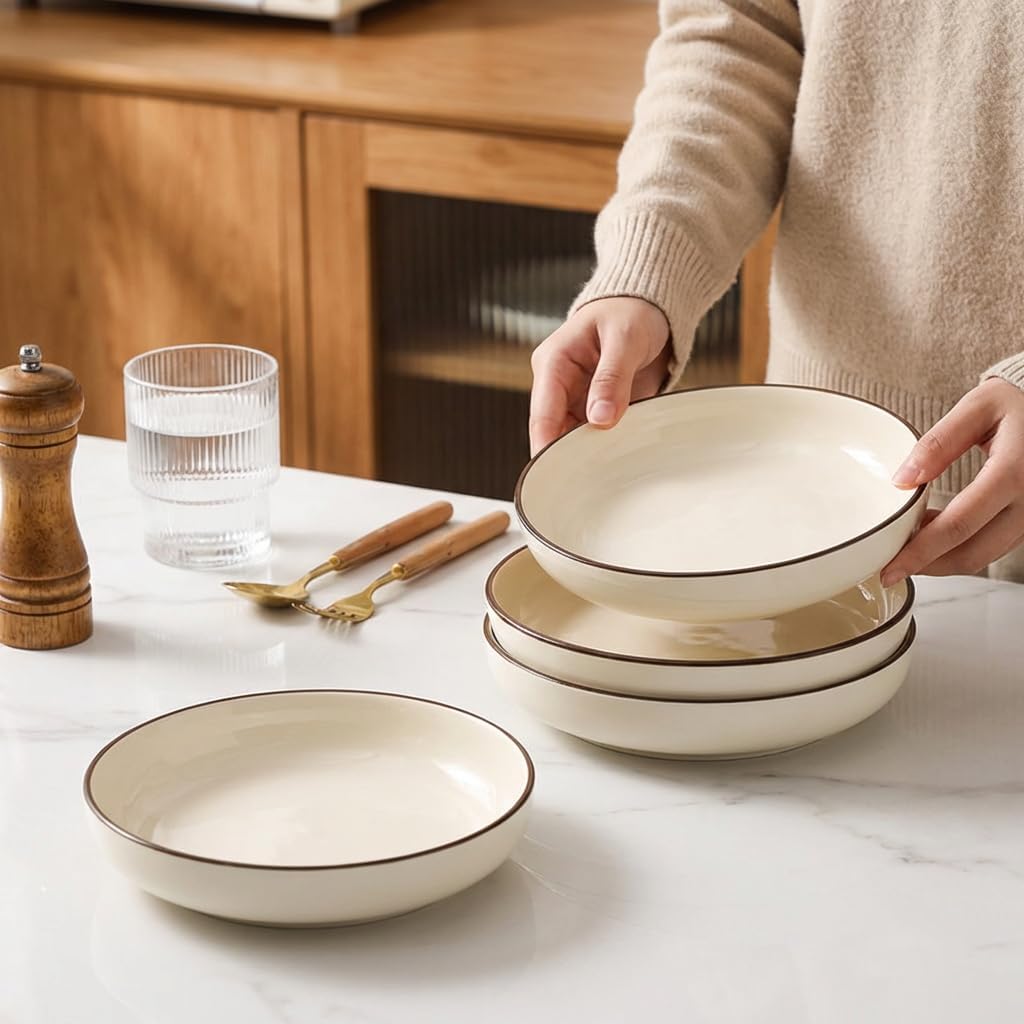 Pasta Bowls Set of 6, 24.5oz Ceramic Salad Bowls, 7.5 inch Shallow Soup Plates for Spaghetti, Dessert and Fruit, Glossy Glazed Serving Dishes with Hand-Painted Rim, Microwave Dishwasher Safe