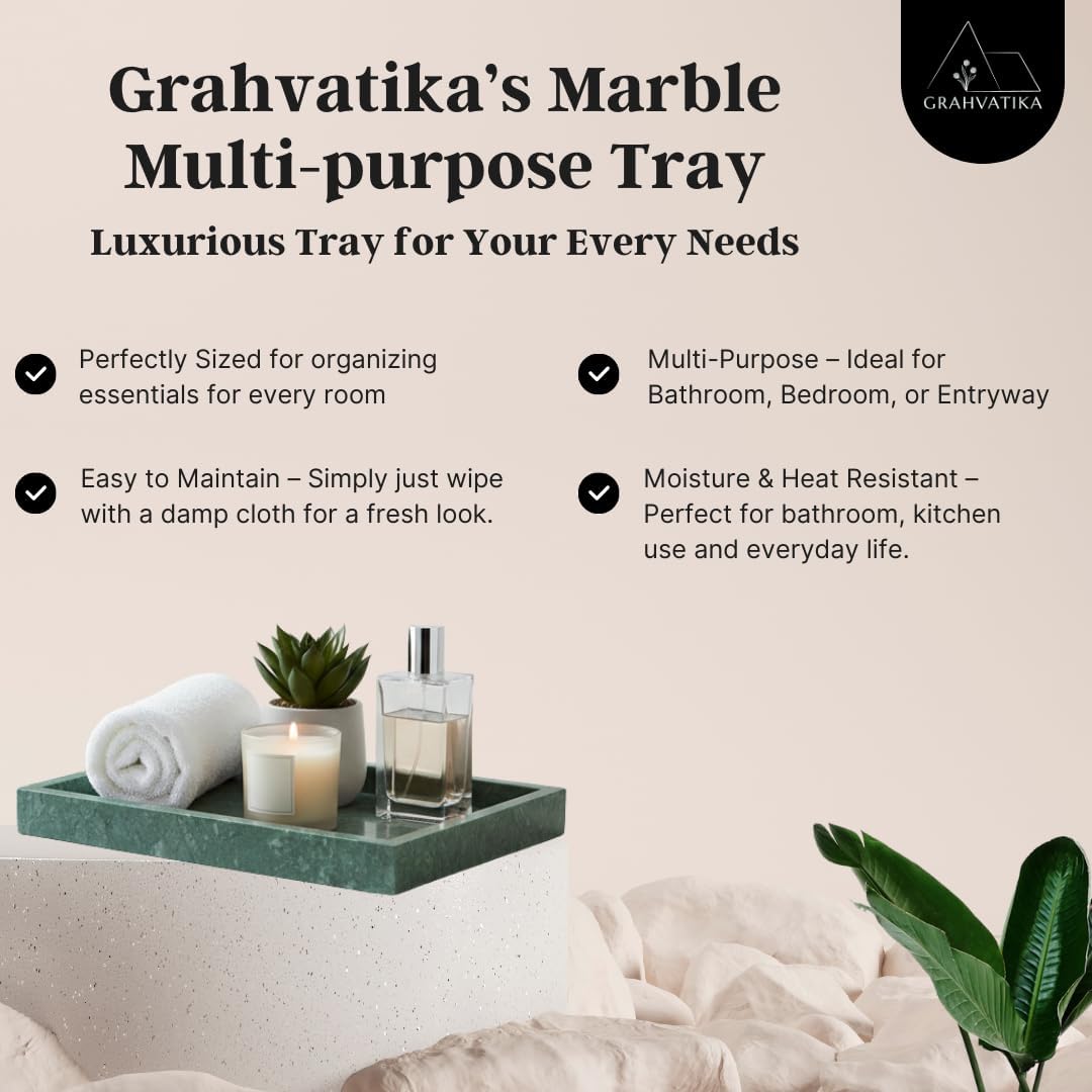 Decorative Green Marble Vanity Tray, 10 x 7 inch, Rectangle Tray for Bathroom, Living Room, Dining Table, Jewellery, Candle, Perfume, Cosmetic & Organizer | Vanity Platter