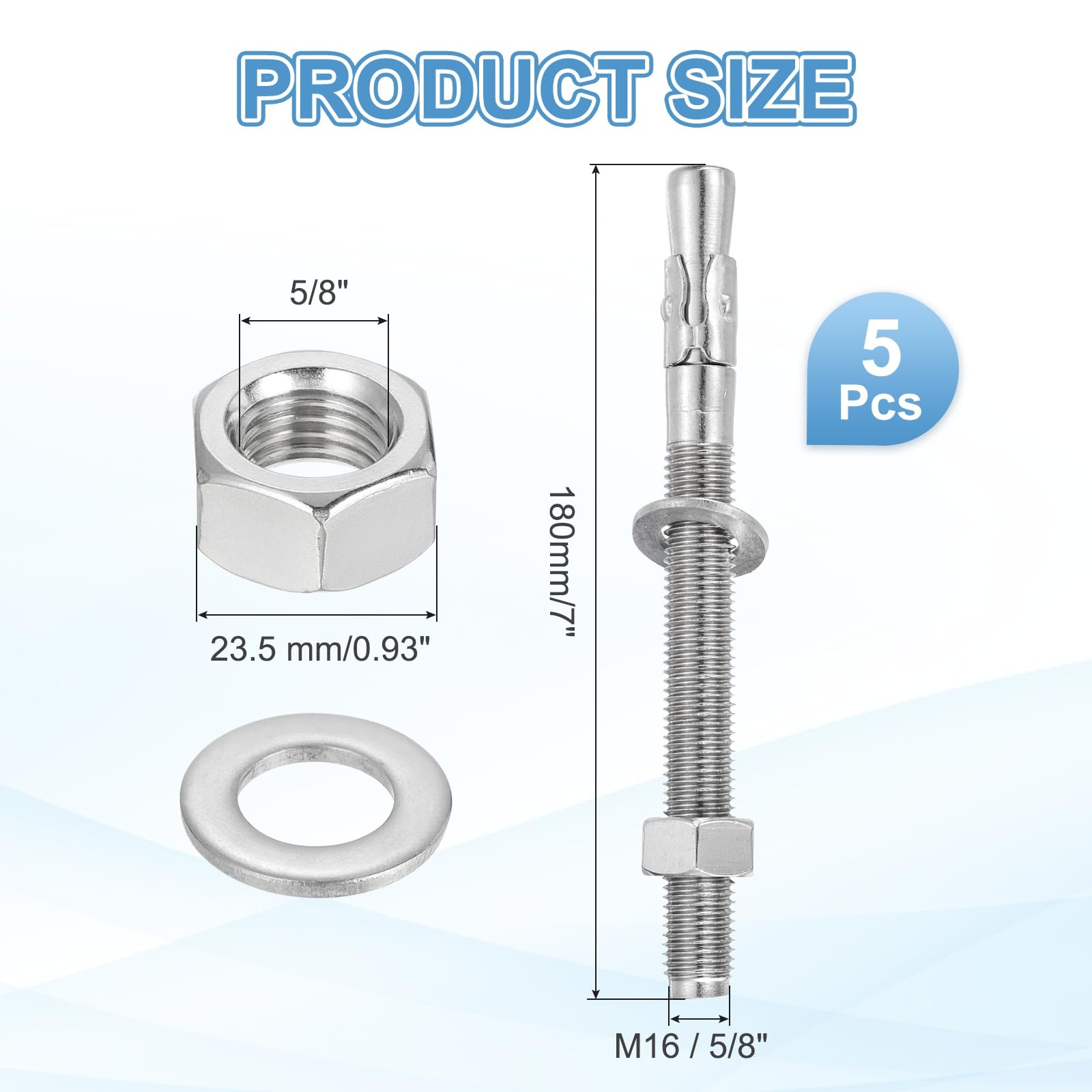 QUARKZMAN 5 Pz Ancora A Cuneo 5/8" x 7" Bulloni Per Cemento In Acciaio Inox Standard Resistente Per Supporto Parete Cemento (Include Rondelle Dadi Tonargento)