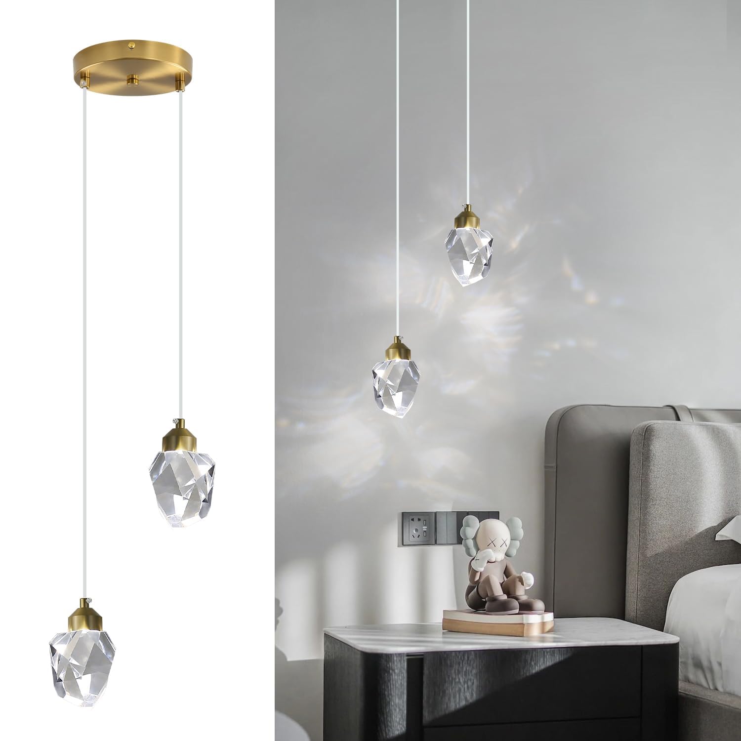 Luz Colgante De Cristal Moderno, Luz Colgante De Cristal LED De 3 Colores, Para Isla De Cocina Dormitorio Sala De Estar Iluminación Del Comedor (Dorado, 2-Head)