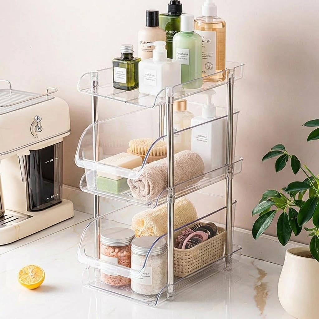 Organizer per lavello, a 3 ripiani, sotto il lavandino, trasparente, per bagno, cucina, ufficio