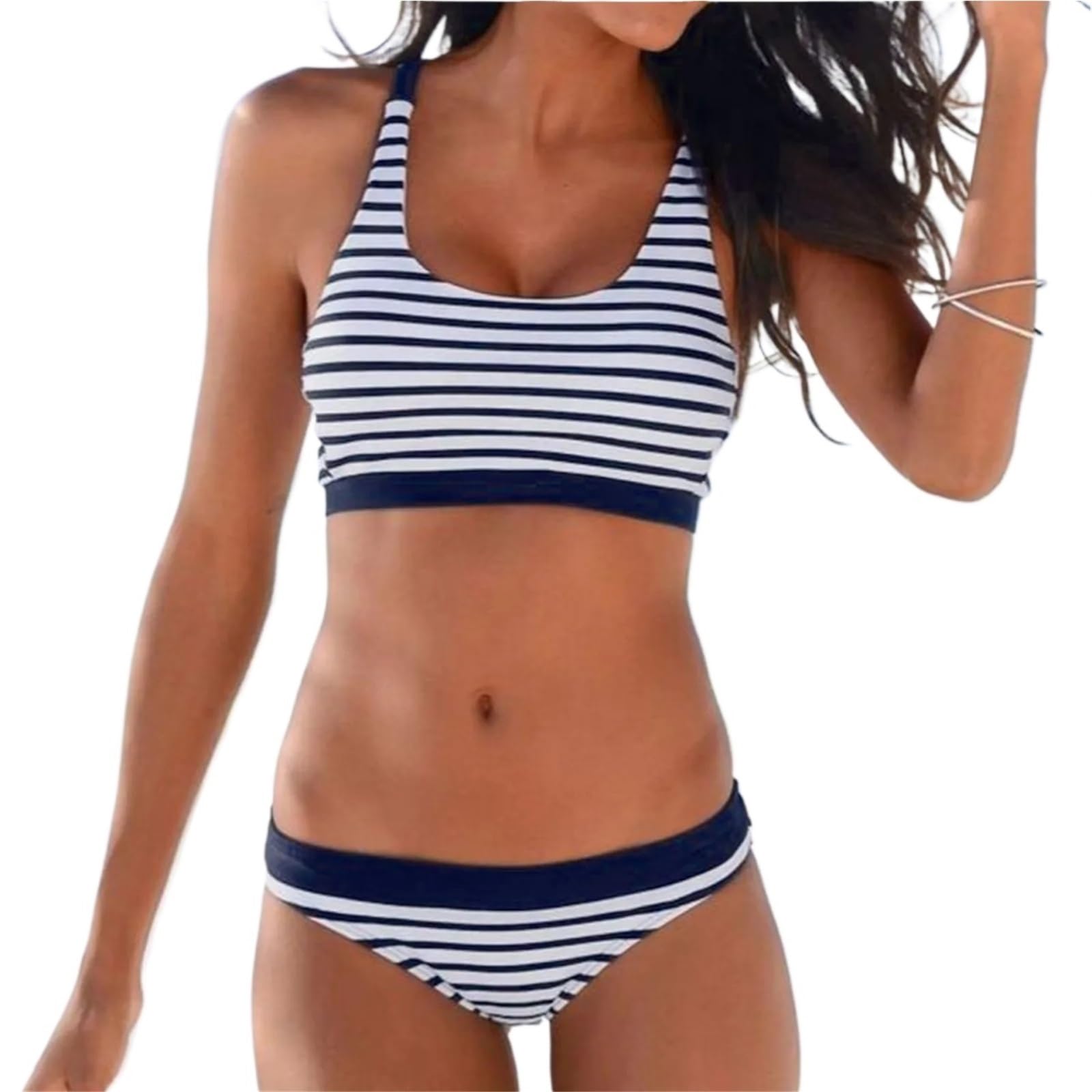 Bikini Maillots de Bain for Femmes Bikini Taille Basse à imprimé rayé for Femmes Maillots de Bain Deux pièces Sexy Push-up pour Femme(Deep Blue,XXL)