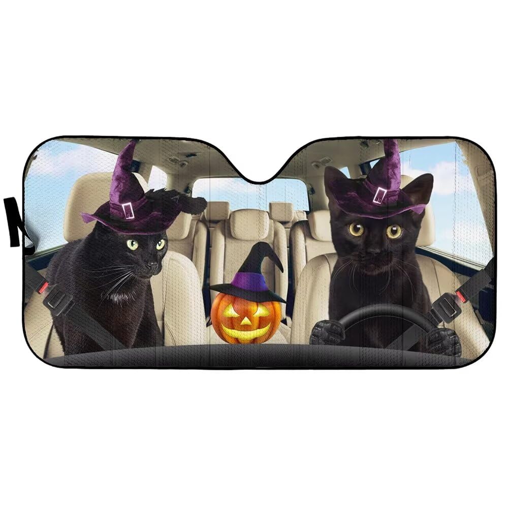 Personalized Pumpkin Cat Driving Auto Front Windshield Sun Shade Car Sunshades Funny Animal 57x27.5 Inches Car Front Window Shades Truck SUV Sun Visor UV Rays Blocks