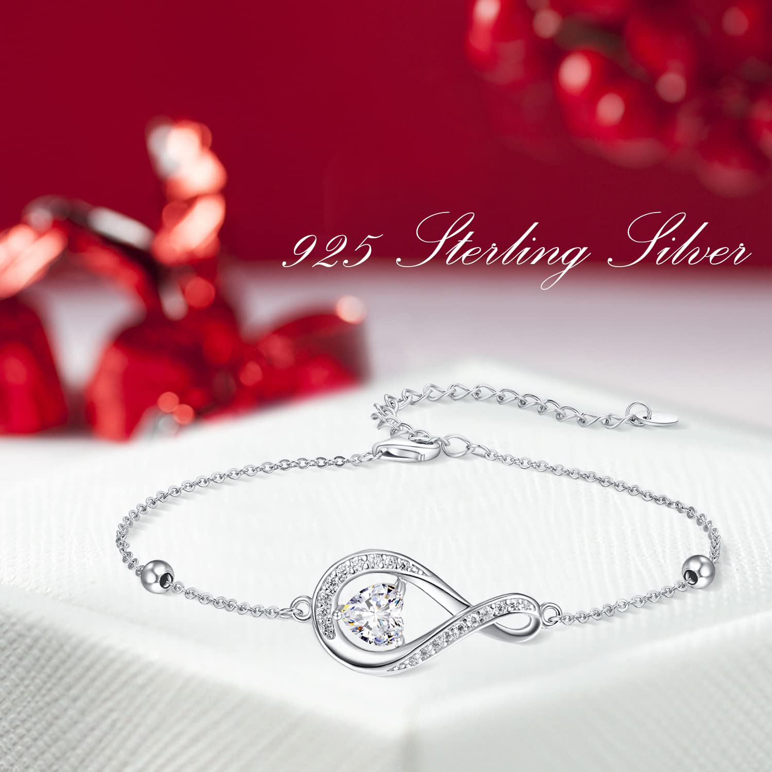 praymos Infinity Bracelets for Womens 925 Sterling Silver Heart Cubic Birthstone Charm Bracelet Adjustable Chain Jewellery Gifts for Her Women Wife Mum