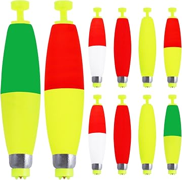 Weighted Fishing Bobbers 10-Pack - Slip Bobbers for Catfish, Panfish with Spring-Loaded Clip & Bottom Weight | 3 Sizes & 5 Multi-Color Styles EVA Foam Floats