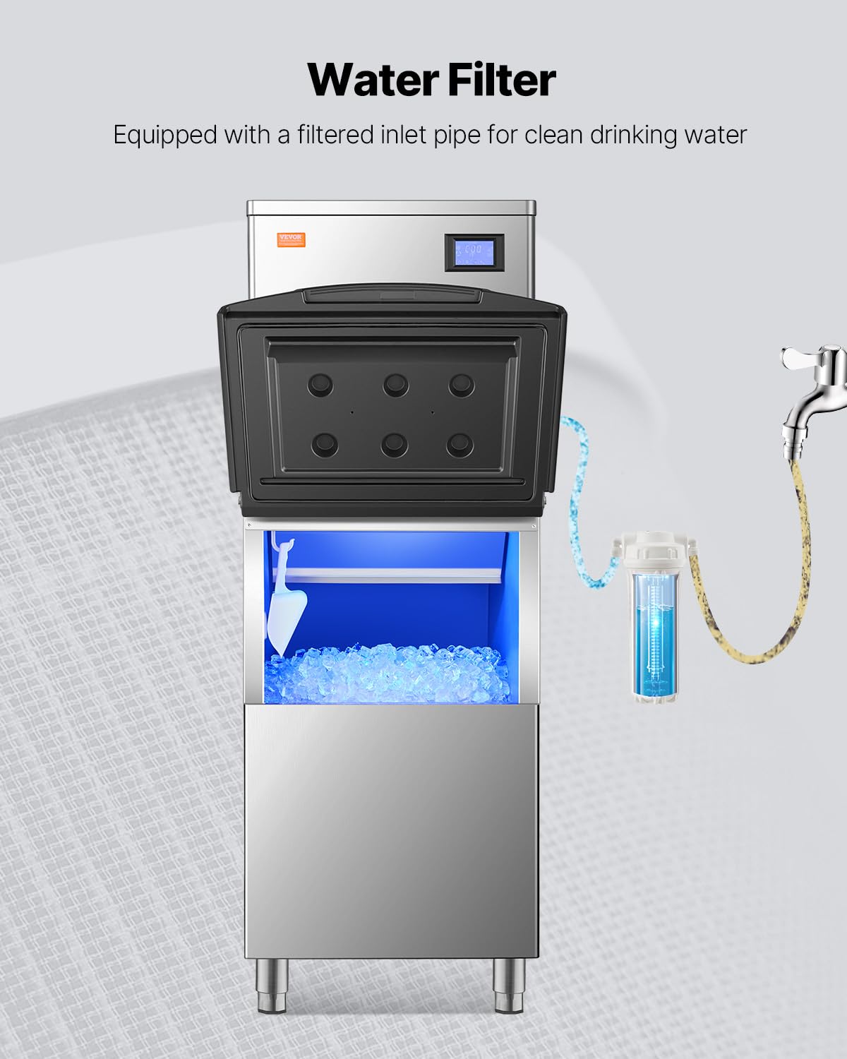 Diagram showing the water filter and drainage system connected to the ice bin