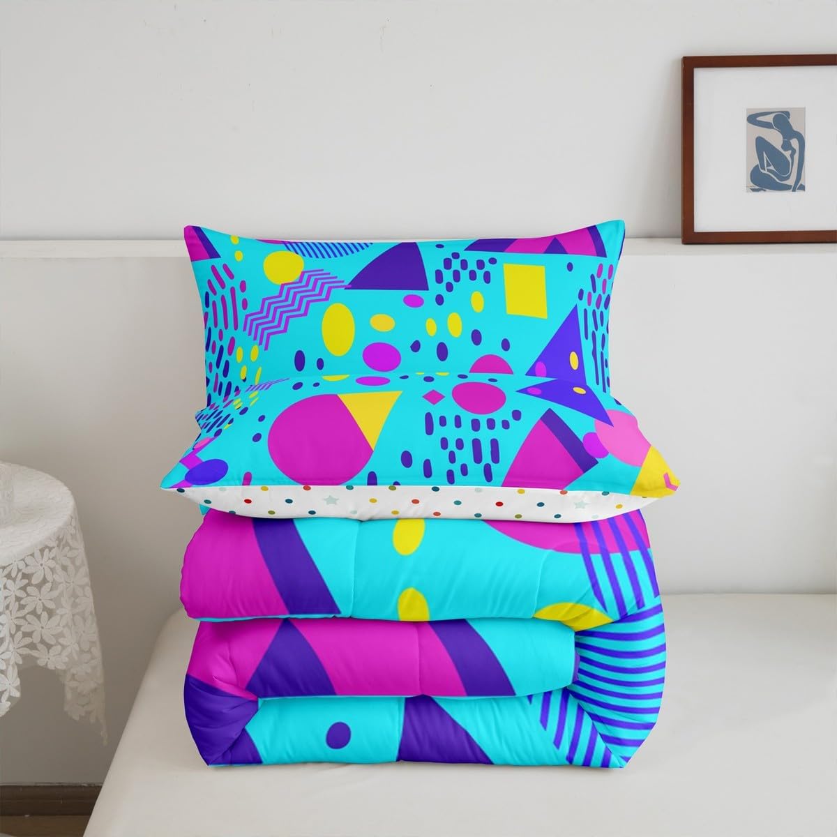 80s Bedding Set Memphis Pattern Old Fashion Quilt,Vintage 90s Memphis Style Comforter Set Abstract Geometric Pattern Retro Duvet Insert Full,Rainbow Urban Modern Circles Triangle Room Decor