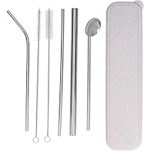 Portable 304 Stainless Steel Drinking Straws Spoon Set Reusable Cocktail Drinking Straws with 2 Cleaner Brush