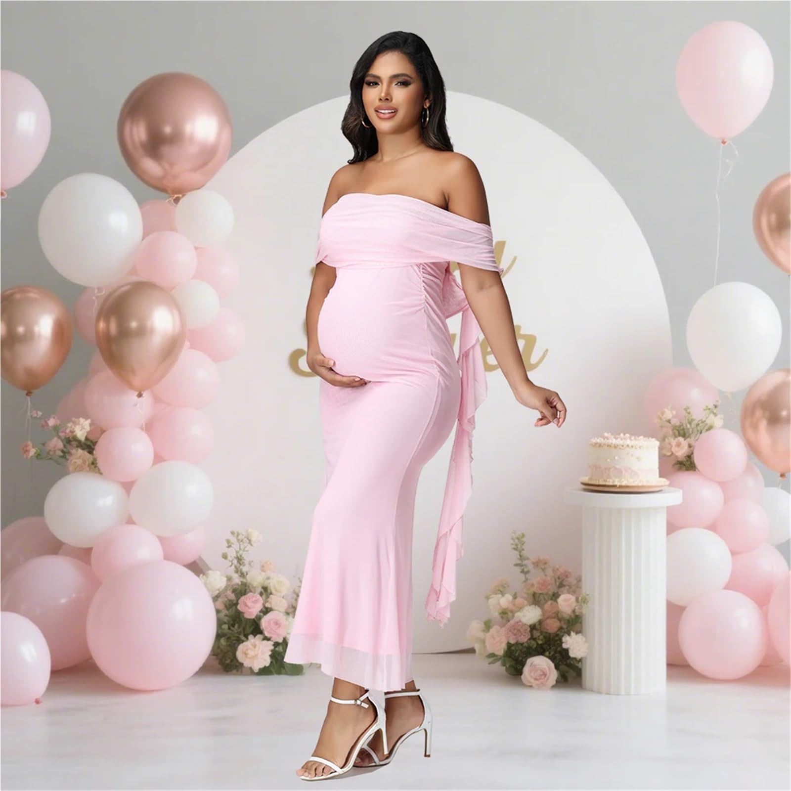 Vestido de Embarazo Vestido de Maternidad Malla con Hombros Descubiertos for Mujer for sesión Fotos, Exquisito Vestido Largo sin Tirantes Volantes for Baby Shower