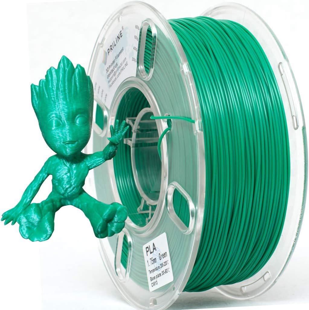PRILINE PLA Filament 1.75mm, PRILINE PLA 3D Printer Filament, 1kg Spool (2.2lbs) 3D Printing Filament Fits for Most 3D Printers, Dimensional Accuracy +/- 0.02mm,Green