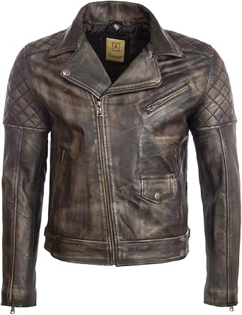 Aviatrix Mens Real Leather Asymmetric Zip Fashion Biker Jacket with Diamond Padding 6MFX