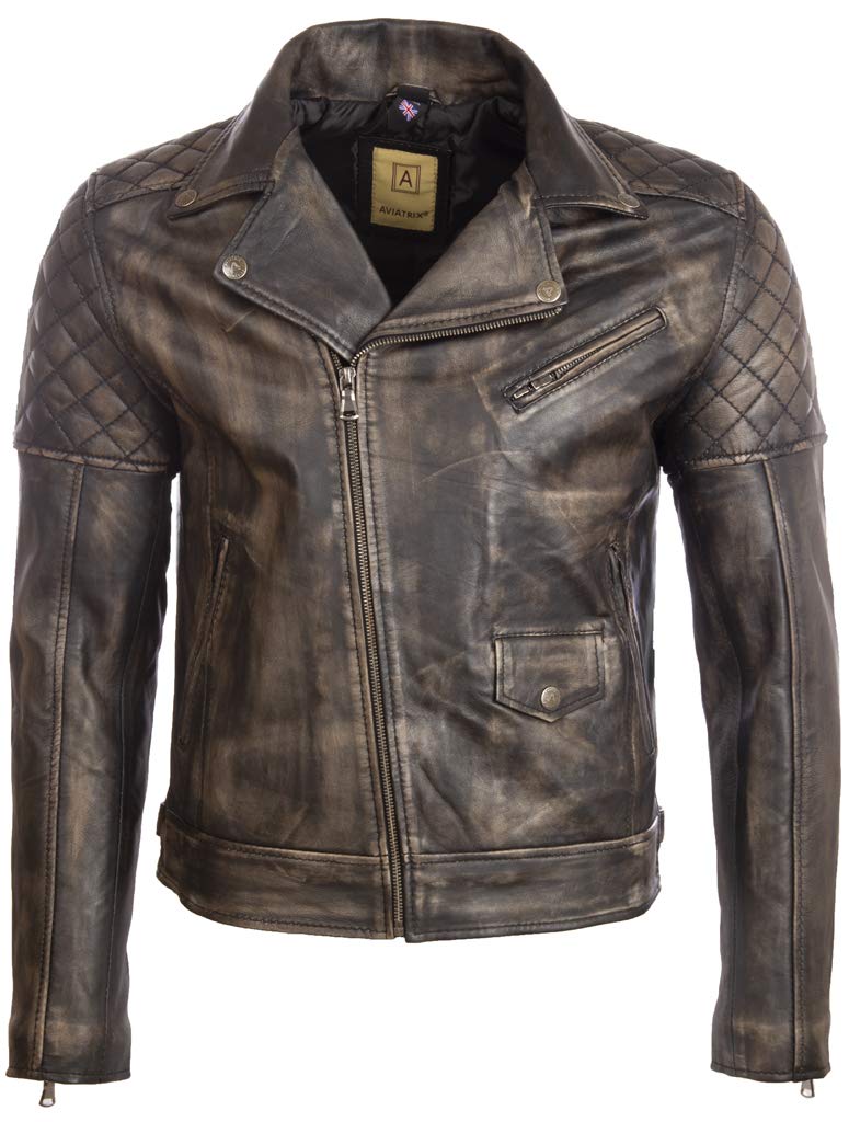 Aviatrix Men's Real Leather Asymmetric Zip Fashion Biker Jacket with Diamond Padding (6MFX) S