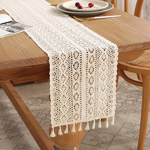 Gemseek Camino de mesa bohemio beige de 60 pulgadas, camino de mesa de macramé de ganchillo bohemio vintage para decoración de mesa de café y comedor